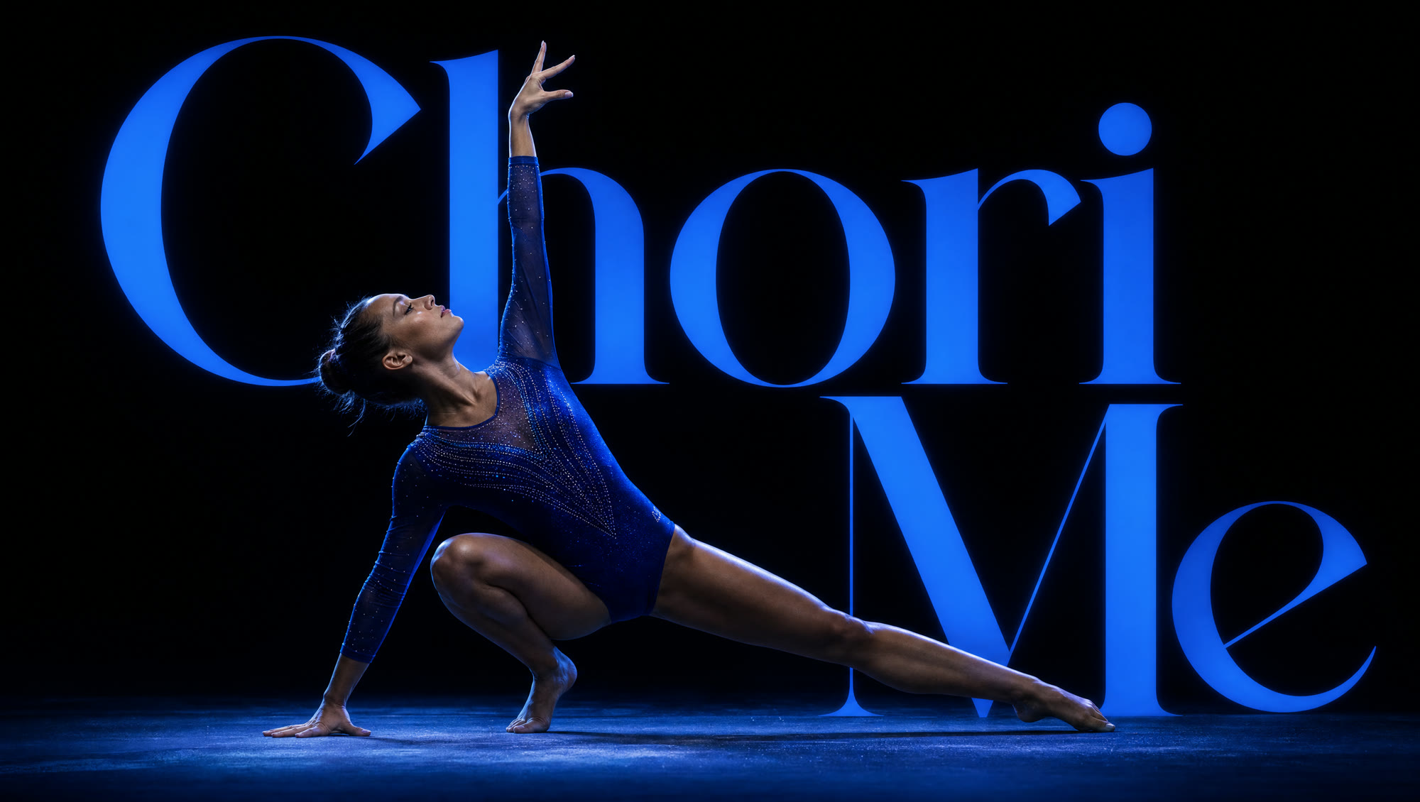 Female gymnast in a cobalt leotard holding a supported side arch in front of giant glowing ChoriMe typography on a dark stage